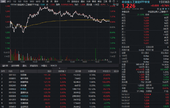 再现算力大单！光模块、算力租赁携手走强！华宝基金创业板人工智能ETF（159363）逆市收涨0.74%