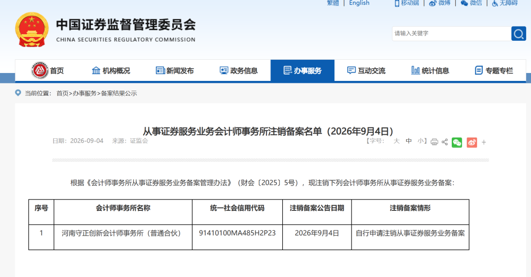 证监会注销3家机构证券服务业务备案，最新百家会计师事务所名录同步发布