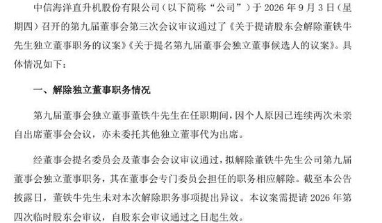 任职仅1个月	，中信海直独董因连续缺席会议遭解职
