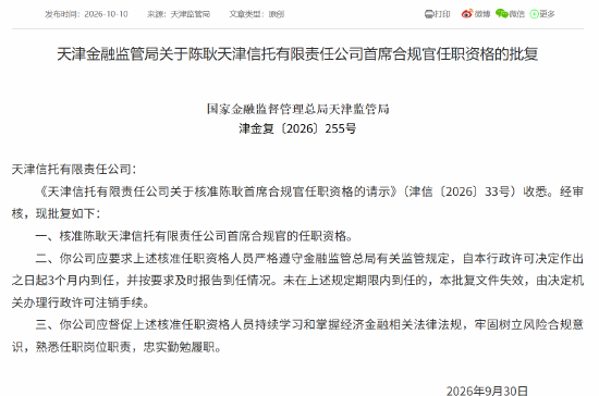 陈耿获批担任天津信托首席合规官
